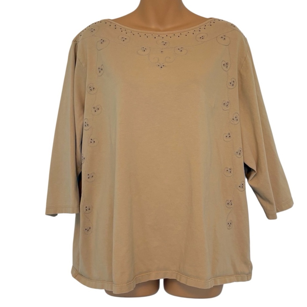 Vtg Village Sport Liz Claiborne Beaded 3/4 sleeve tee tan bohemian Women's 3